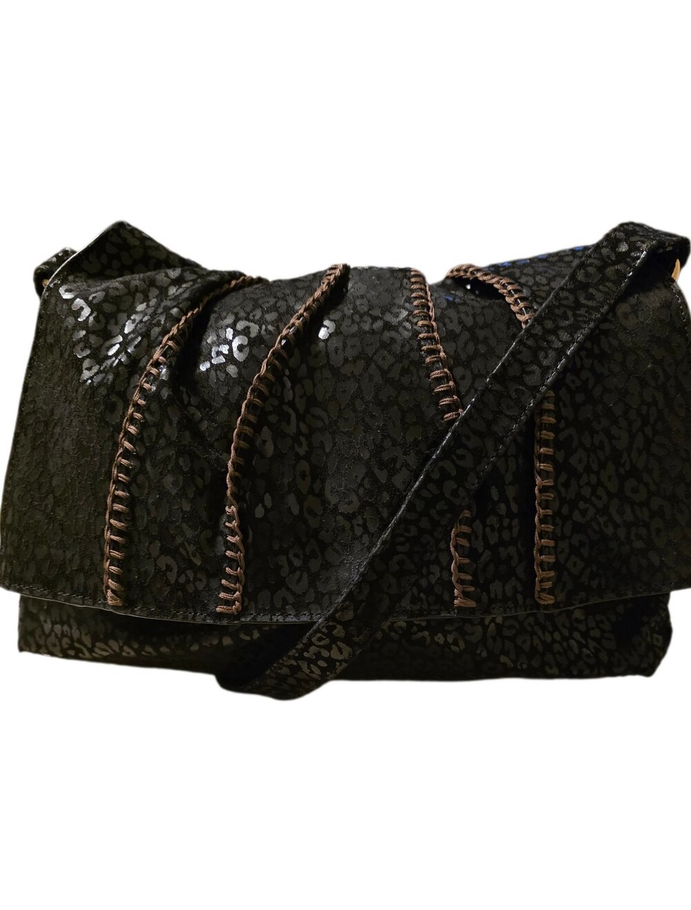Sharif Vintage Emboss Leopard/Reptile Pattern Leather Black Flap Crossbody Bag